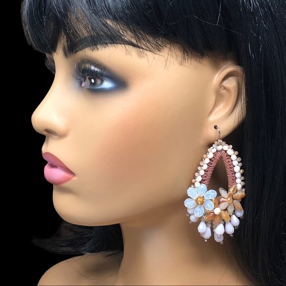 Handmade Brown Tones Glass Beaded Teardrop Flower Dangle Earrings - Picture 3 of 3